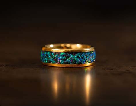 Gold Wedding Band for Men Women with Galaxy Opal Inlay, Gemstone Ring