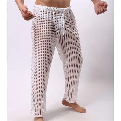 Man Transparent Sleep Pants Male Funny Mesh Fishnet See Through Lounge Trousers Gay Polyester