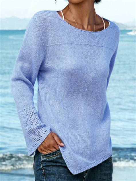 Loose Crew Neck Plain Tunic Sweater Knit Jumpers Womens Blue Sweater