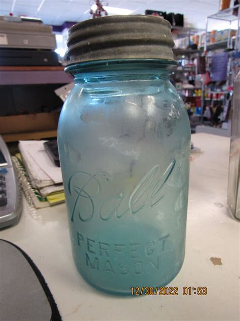 Vintage Ball Perfect Mason Blue Glass 9 Quart Canning Jar With Ball Zinc Lid Ebay