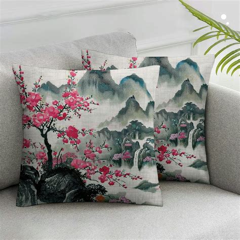 Nawypu Japanese Watercolor Spring Pillow Case Mount Fuji With Cherry