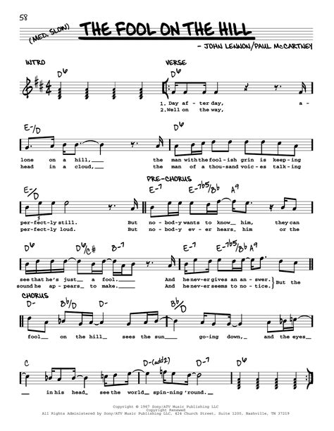 The Fool On The Hill [jazz Version] By The Beatles Sheet Music For Real Book Melody Lyrics