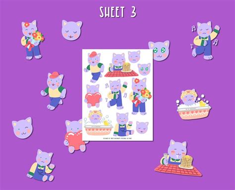 31 Cute Purple Cat Digital Sticker Pack Printable Stickers Etsy