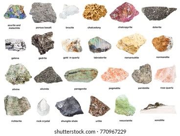 Collection Raw Minerals Ores Names Isolated Stock Photo