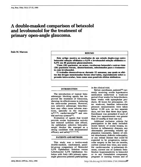 Pdf A Double Masked Comp Arison Of Betaxolol And Levobuno Lol Fo R