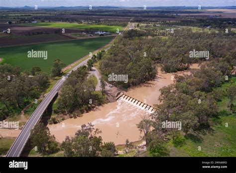 Aerial of the weir on the Dawson River at Theodore in the Dawson Callide Valley Queensland ...