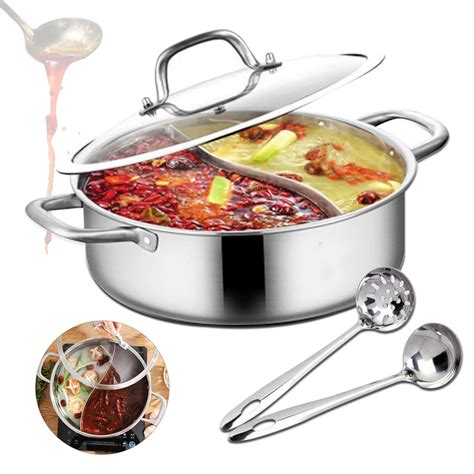 DENEST Stainless Steel Shabu Dual Sided Divider Cooking Soup Hot Pot Cookware With Lid
