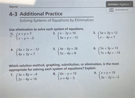 Solved Name Envision Algebra 1 4 3 Additional Practice Solving Systems Of E