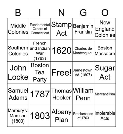 Colonial Era 2017 18 Staar 11 Bingo Card