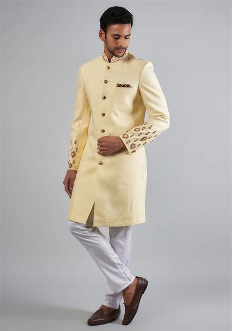 Buy Cream Jacquard Embroidered Cotton Silk Sherwani Set For Men