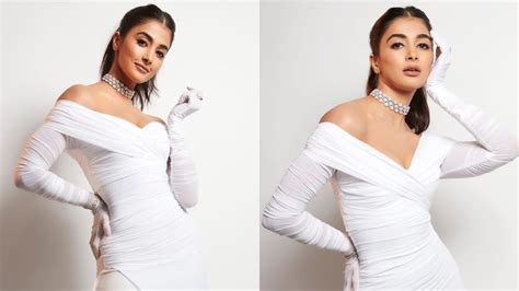 Vintage Look Pooja Hegdes Off Shoulder White Gown And White Opera