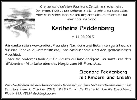 Traueranzeigen Von Karlheinz Paddenberg Sich Erinnern De