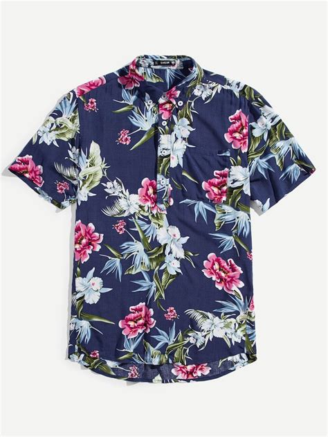 Shein Men Tropical Print Curved Hem Shirt Curved Hem Shirt Shirts