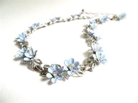 Vintage Trifari Blue Enamel Flower Necklace Clear Rhinestone