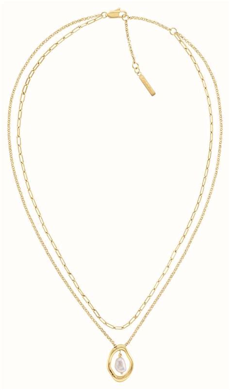 Calvin Klein Women S Edgy Pearls Gold Tone Stainless Steel Double Chain