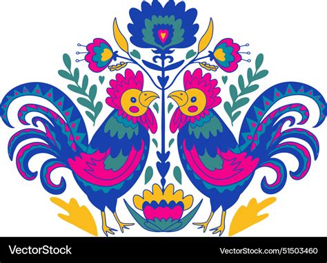 Polish Folk Art Embroidery Ornament With Cocks Vector Image