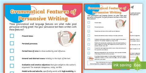 Grammatical Features of Persuasive Writing Poster | Primary