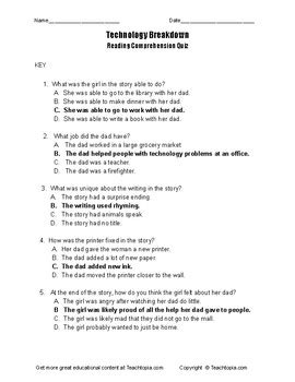 Technology Breakdown Benchmark Advance Reading Comprehension Quiz First