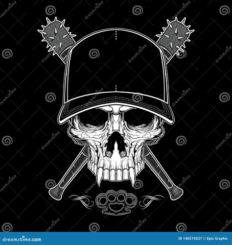 Vintage Bandit Skull In Hipster Cap And Skeleton Hands Holding Crossed