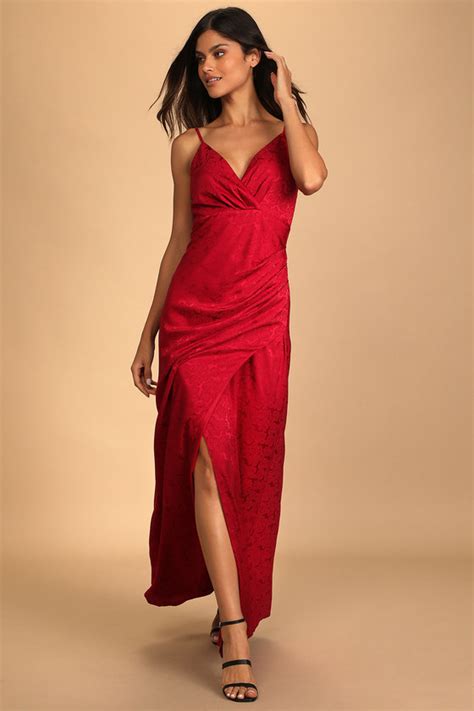 Wine Red Satin Dress Floral Jacquard Dress Surplice Dress Lulus