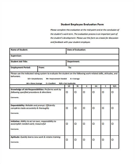 Student Employee Performance Evaluation Form