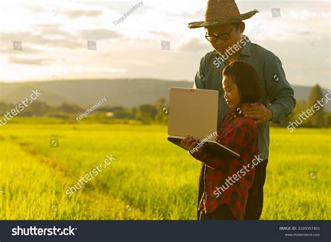 Farmer Father Children Looking Rice Field Stock Photo 2189357401