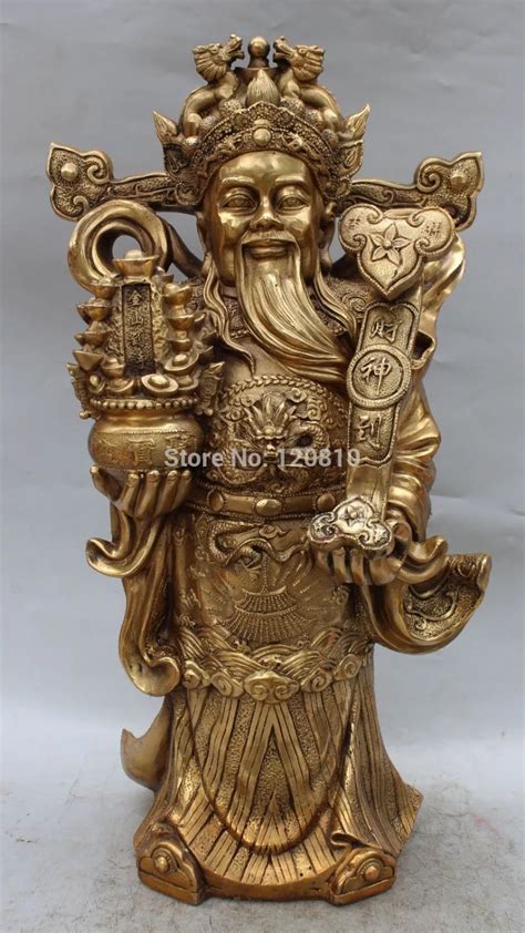 Chinese Brass Wealth Yuanbao Money Mammon God Hold Ru Yi Treasure