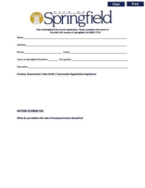 Fillable Online City Of Springfield City Council Application Fax Email