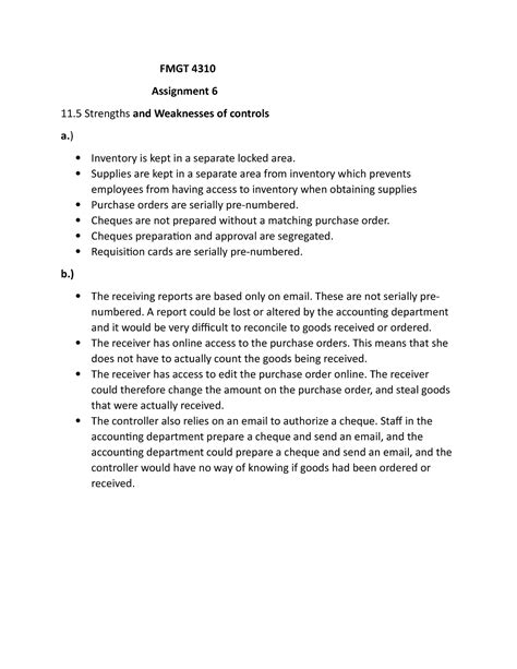 FMGT 4310 Assignment 6 Notes FMGT 4310 Assignment 6 11 Strengths