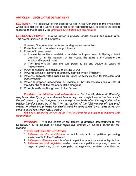 Consti 1 Notes Notes On Consti Article 6 Legislative Department