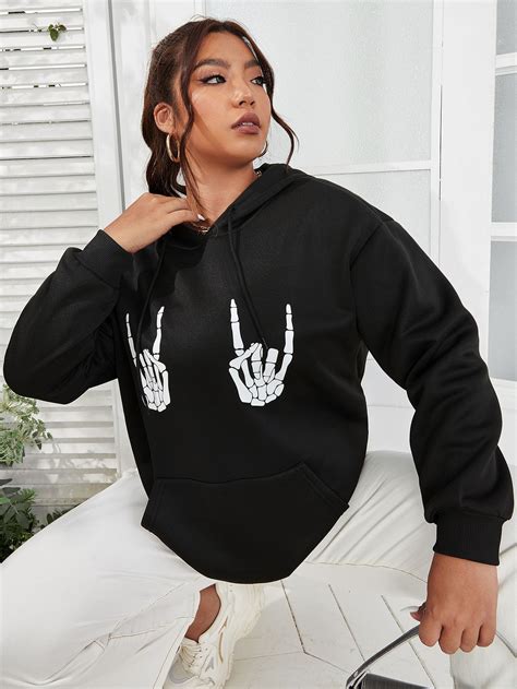 Plus Skeleton Print Kangaroo Pocket Hoodie Kangaroo Pocket Hoodie