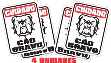 4 Placas Aviso Cuidado Cão Bravo Sinalização Vinil 15x20cm