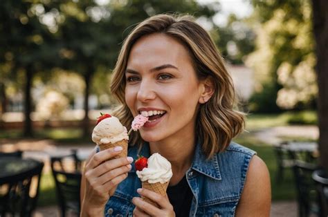 Premium Photo A Woman Is Eating An Ice Cream Cone Outside