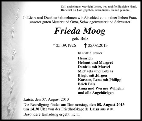 Traueranzeigen Von Frieda Moog Trauer Hna De