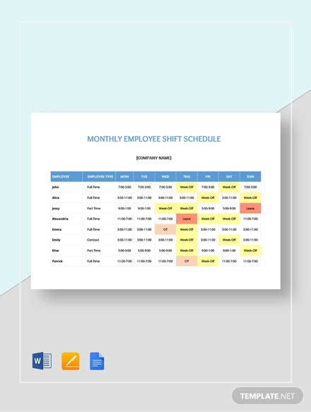 Shift Schedule Examples Google Docs Google Sheets Excel Word