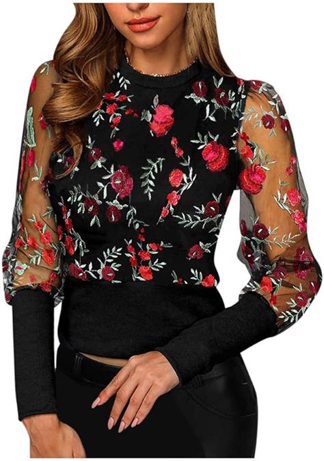 Wfrau Damen O Ausschnitt Spitzen Patchwork Tops Frauen Blumenstickerei