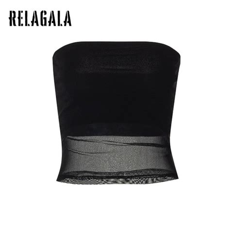 Relagala Women S Fashion Sexy Solid Color Mesh Slim Fit Tube Top