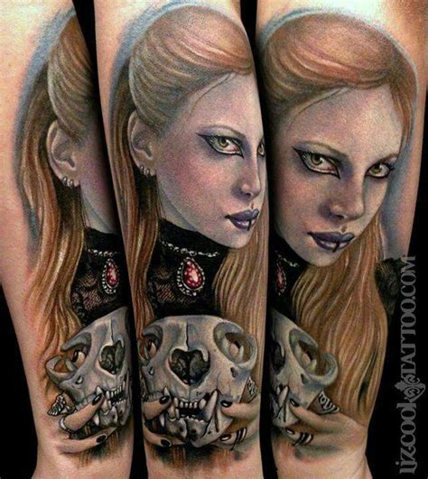 Liz Cook Creepy Cat Evil Girl City Tattoo Cat Skull Forearm Tattoo