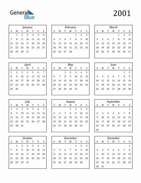 Free 2001 Calendars In Pdf Word Excel