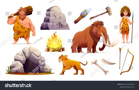 Set Prehistoric Stone Age People Tools Stock Vector Royalty Free