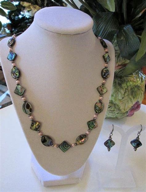 Abalone Shell And Pink Pearl Necklace And Earrings Paua Shell And Pink