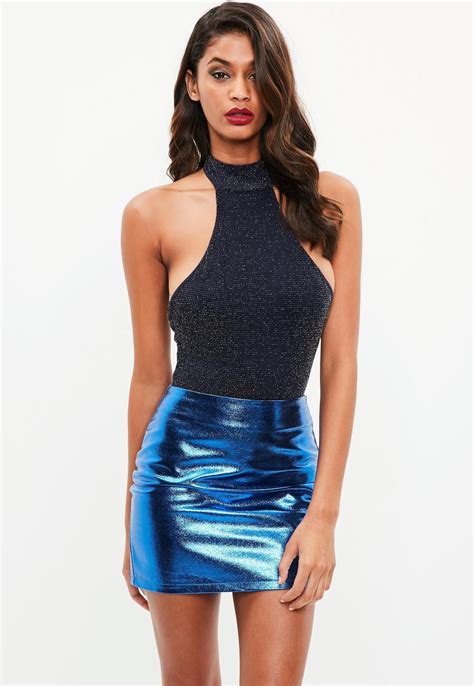 Missguided Blue High Neck Halter Metallic Bodysuit Metallic