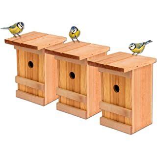 Three Birds Perched On Top Of Wooden Bird Houses