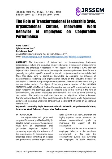 Pdf The Role Of Transformational Leadership Style Organizational Culture Innovative Work