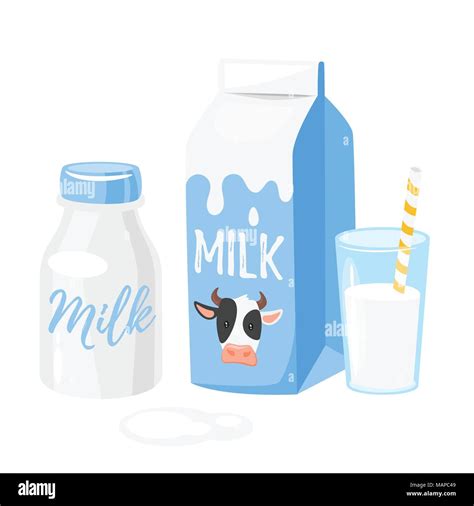 Vector Cartoon Style Illustration Of Dairy Products Milk Packing And A Glass Of Milk On White