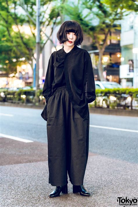 All Black Harajuku Minimalist Fashion w/ Friend Made Long Sleeve Shirt, Unrelaxing Wide Leg ...