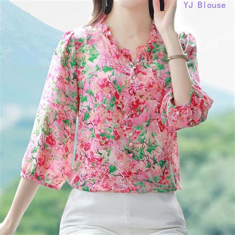 Floral Printed Chiffon Blouse Women S Summer Korean Style V Neck Mid