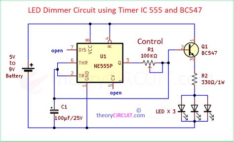 Led Dimmer Circuit Using Timer Ic 555 And Bc547