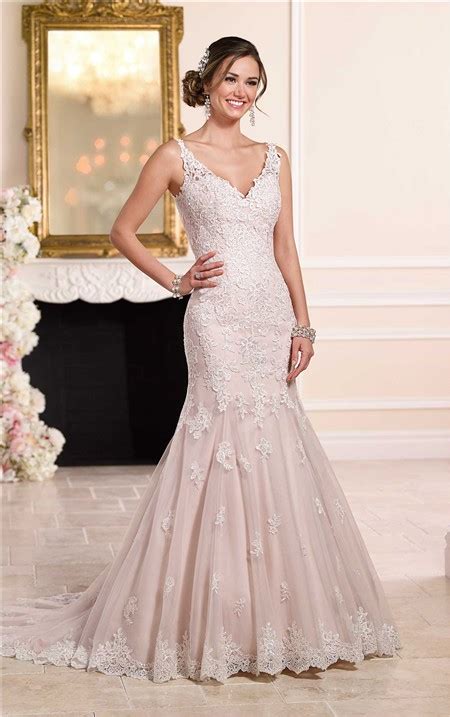 Mermaid V Neck Low Back Dusty Pink Satin Ivory Lace Wedding Dress