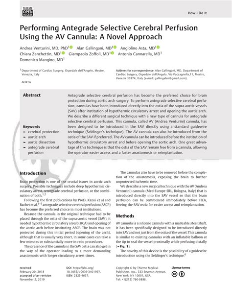 Pdf Performing Antegrade Selective Cerebral Perfusion Using The Av